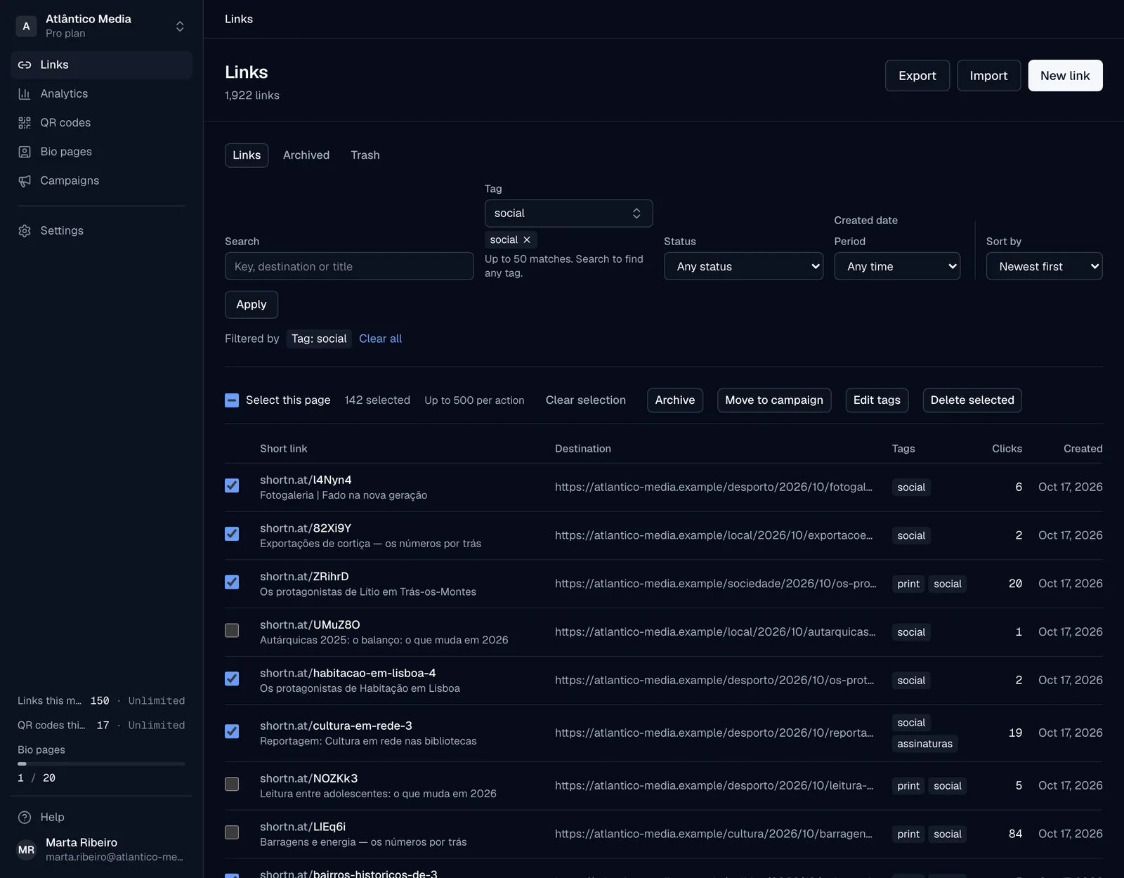 The links list with a tag filter applied and links selected across several pages